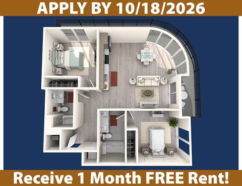 Floor plan for 2 beds, 2 baths, 1054 sqft